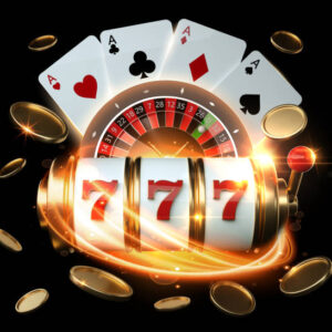 Slot Machine, Roulette Wheel And Four Aces With Golden Coins 3D Rendering